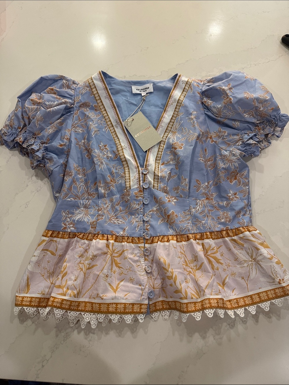 Light Blue Floral Button Front Blouse with Gold Trim